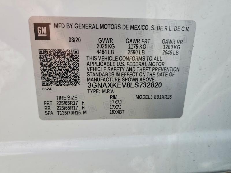 Aukcja sprzedaży 2020 Chevrolet Equinox, vin: 3GNAXKEV8LS732820, numer aukcji: 57960096