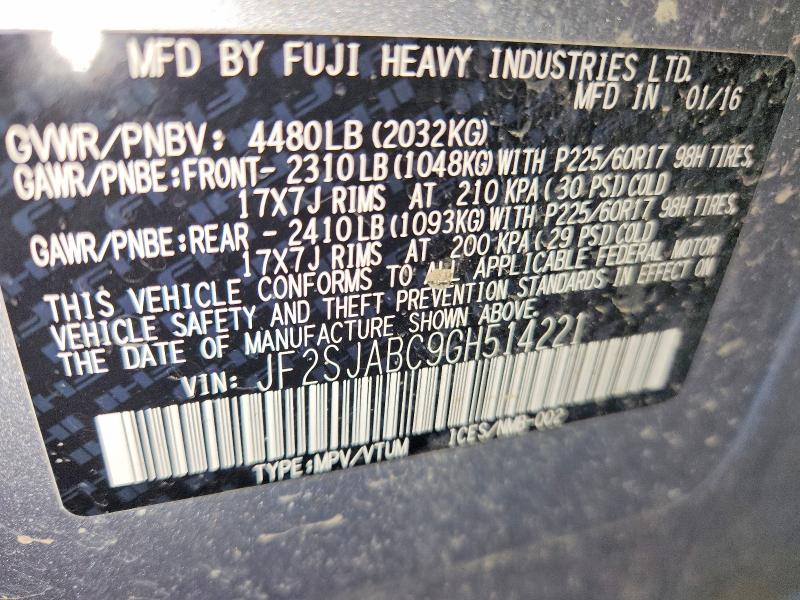 57961306 :رقم المزاد ، JF2SJABC9GH514221 vin ، 2016 Subaru Forester مزاد بيع