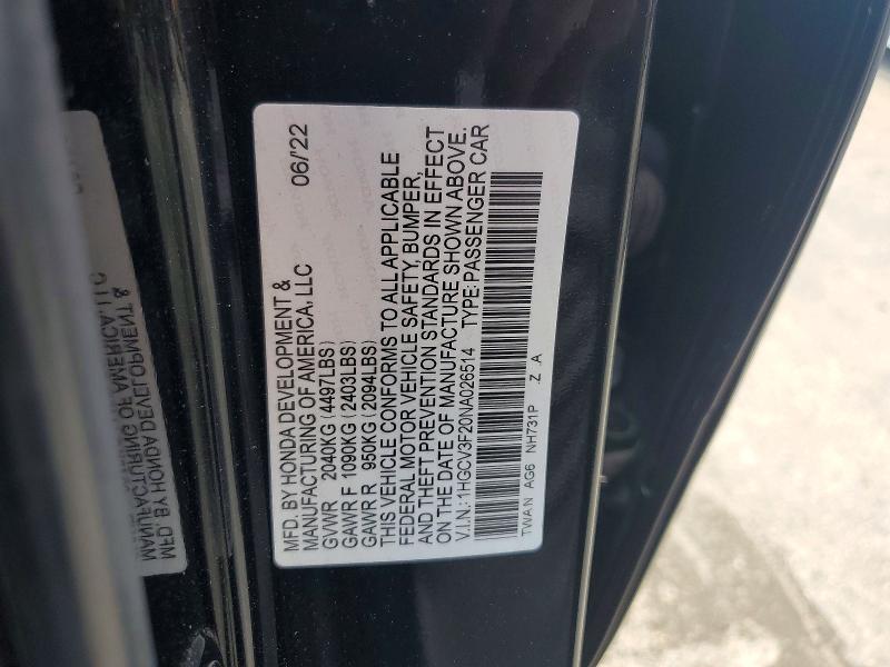 Продаж на аукціоні авто 2022 Honda Accord, vin: 1HGCV3F20NA026514, номер лоту: 57905176