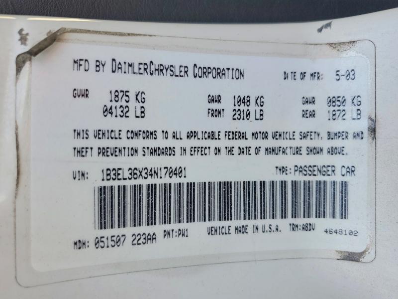 Продажа на аукционе авто 2004 Dodge Stratus, vin: 1B3EL36X34N170401, номер лота: 58407236