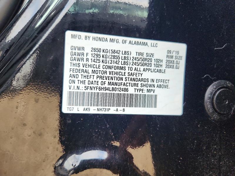 Продажа на аукционе авто 2020 Honda Pilot, vin: 5FNYF6H94LB012486, номер лота: 58809036