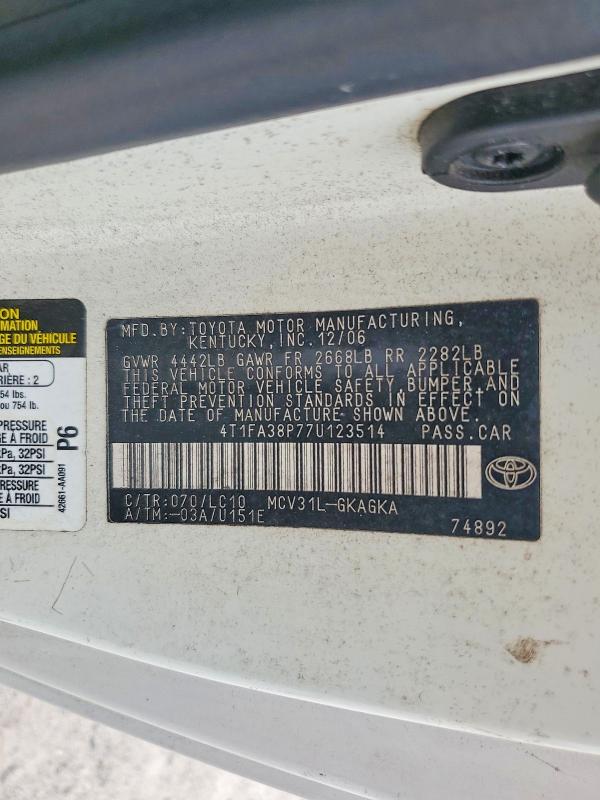 Продаж на аукціоні авто 2007 Toyota Camry Solara, vin: 4T1FA38P77U123514, номер лоту: 57500896