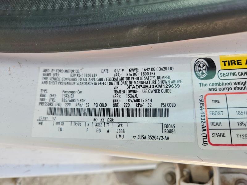 58593176 :رقم المزاد ، 3FADP4BJ3KM129639 vin ، 2019 Ford Fiesta مزاد بيع