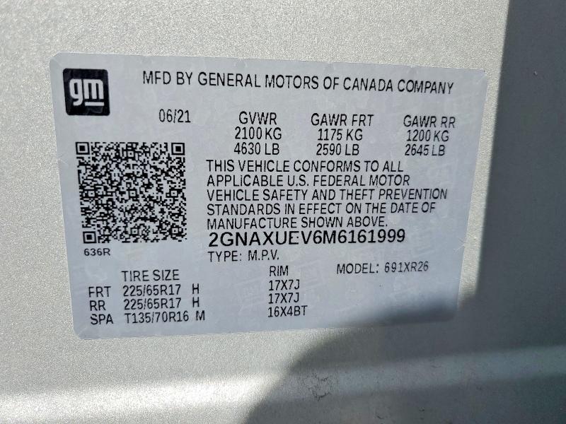 Продаж на аукціоні авто 2021 Chevrolet Equinox, vin: 2GNAXUEV6M6161999, номер лоту: 57583846