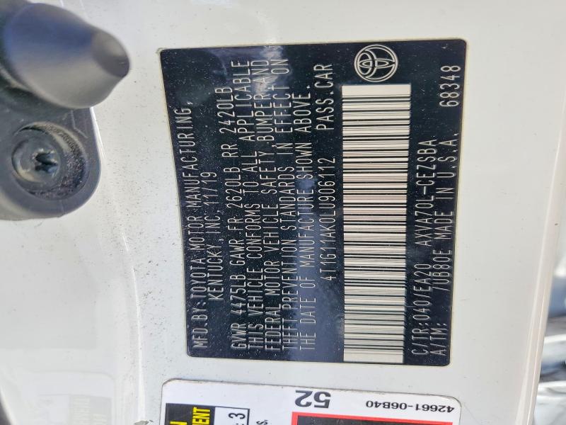 85623465 :رقم المزاد ، 4T1G11AK0LU906112 vin ، 2020 Toyota Camry مزاد بيع