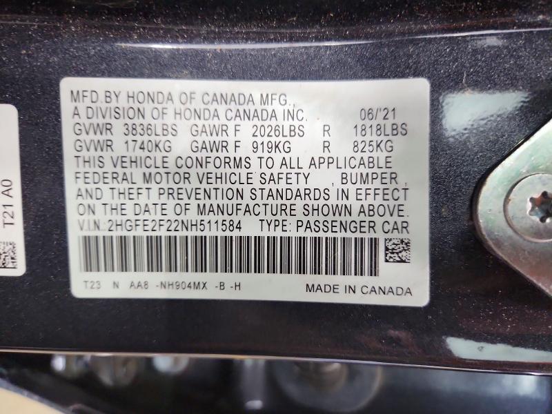 2022 Honda Civic მანქანა იყიდება აუქციონზე, vin: 2HGFE2F22NH511584, აუქციონის ნომერი: 56455936