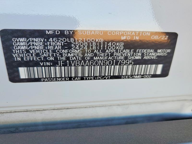 Продажа на аукционе авто 2022 Subaru Wrx, vin: JF1VBAA60N9017995, номер лота: 57527376