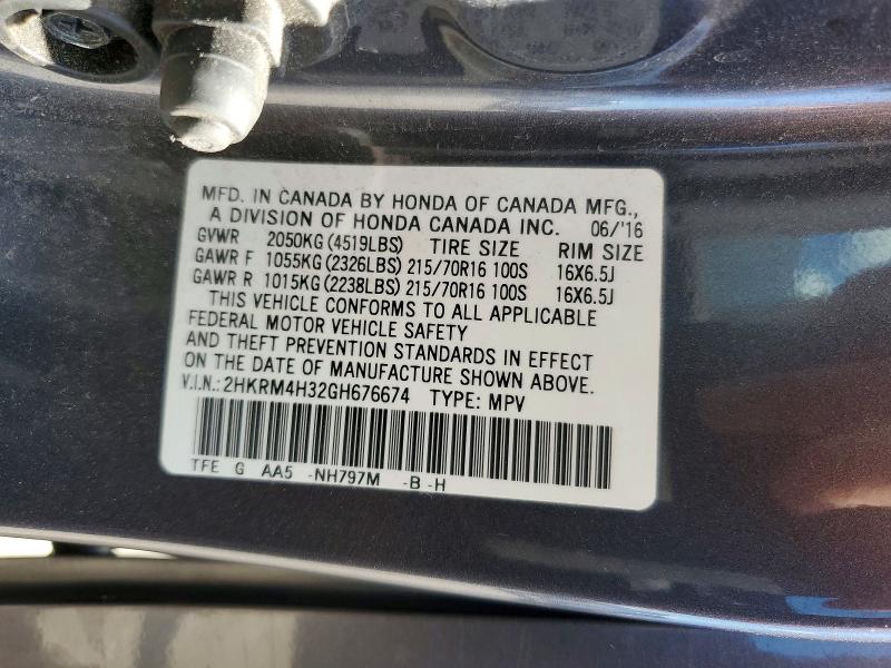 Продажа на аукционе авто 2016 Honda Cr-v, vin: 2HKRM4H32GH676674, номер лота: 55621996