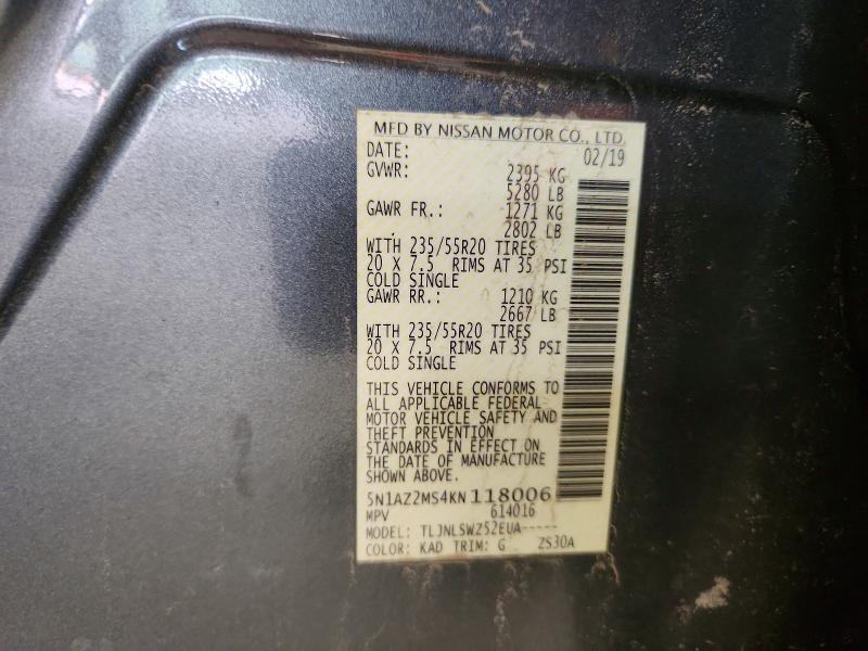 57750456 :رقم المزاد ، 5N1AZ2MS4KN118006 vin ، 2019 Nissan Murano مزاد بيع