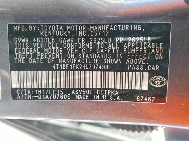 56841946 :رقم المزاد ، 4T1BF1FK2HU797499 vin ، 2017 Toyota Camry مزاد بيع