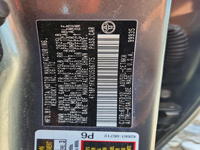 Продажа на аукционе авто 2012 Toyota Camry, vin: 4T1BF1FK2CU596775, номер лота: 58905086