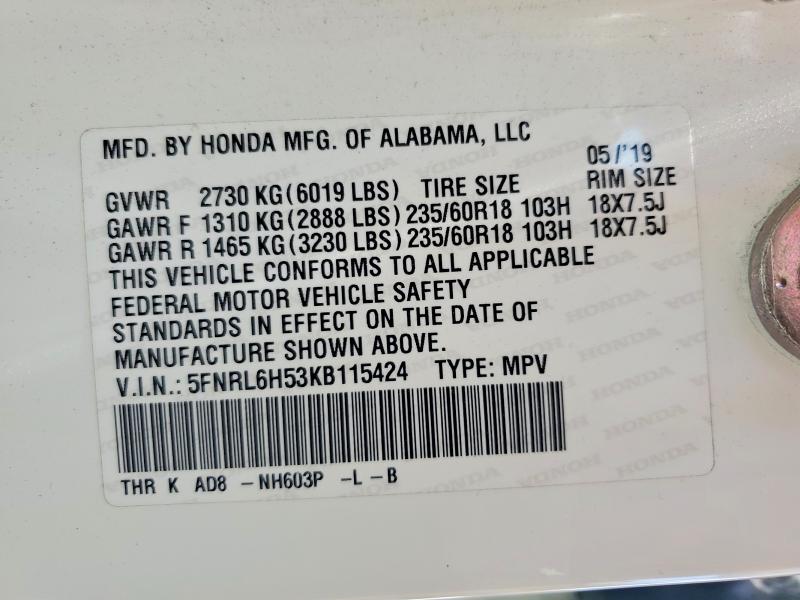 Aukcja sprzedaży 2019 Honda Odyssey, vin: 5FNRL6H53KB115424, numer aukcji: 57264776