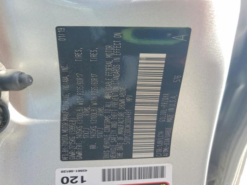 57001426 :رقم المزاد ، 5TDYZ3DCXKS004491 vin ، 2019 Toyota Sienna مزاد بيع