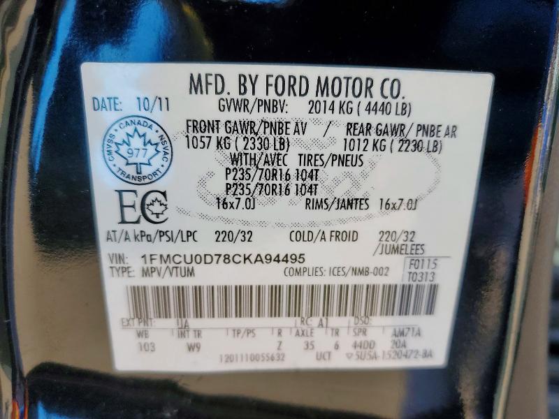 Продаж на аукціоні авто 2012 Ford Escape, vin: 1FMCU0D78CKA94495, номер лоту: 54100866