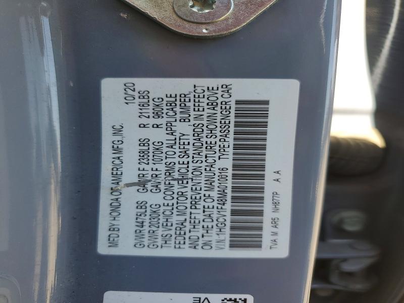 2021 Honda Accord მანქანა იყიდება აუქციონზე, vin: 1HGCV1F48MA010016, აუქციონის ნომერი: 58639936