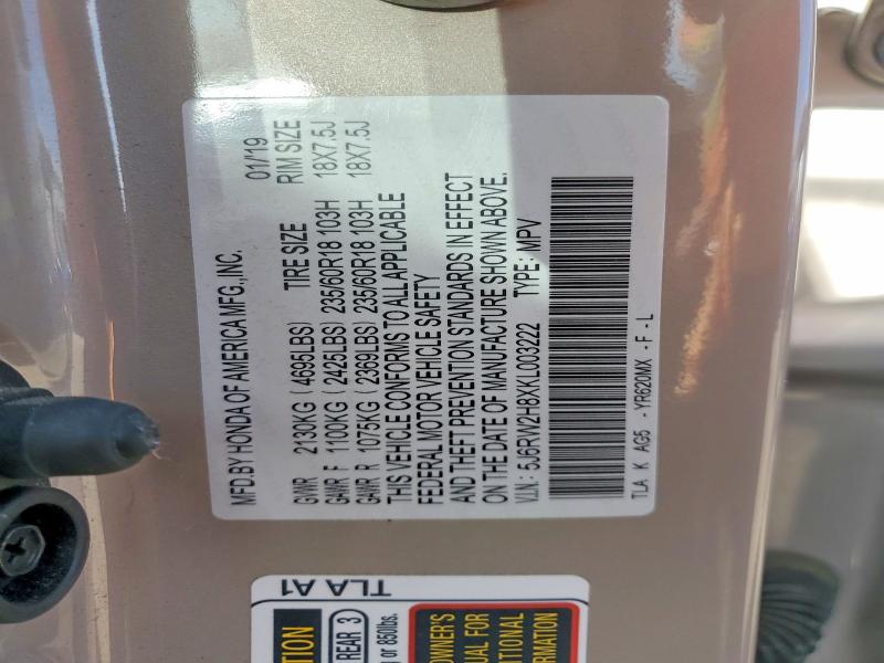 56231646 :رقم المزاد ، 5J6RW2H8XKL003222 vin ، 2019 Honda Cr-v مزاد بيع