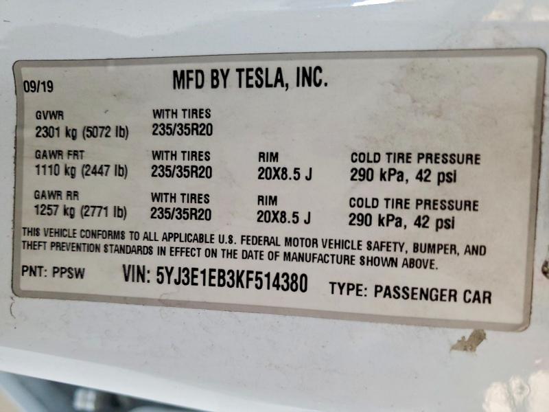 Продаж на аукціоні авто 2019 Tesla Model 3, vin: 5YJ3E1EB3KF514380, номер лоту: 56477446