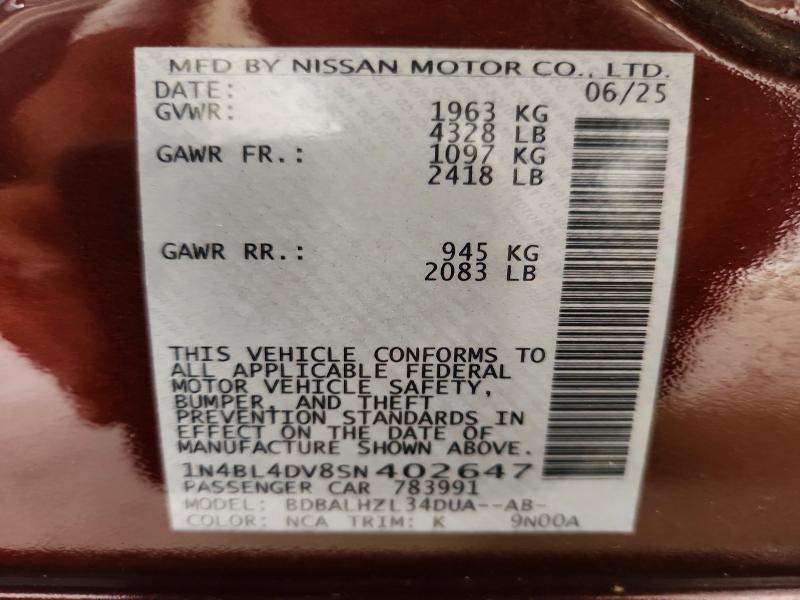 58265896 :رقم المزاد ، 1N4BL4DV8SN402647 vin ، 2025 Nissan Altima مزاد بيع