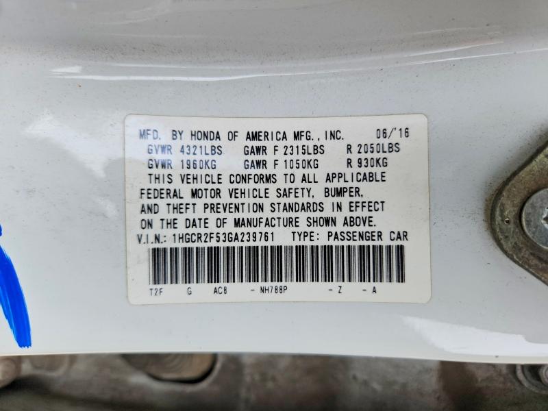 55498956 :رقم المزاد ، 1HGCR2F53GA239761 vin ، 2016 Honda Accord مزاد بيع