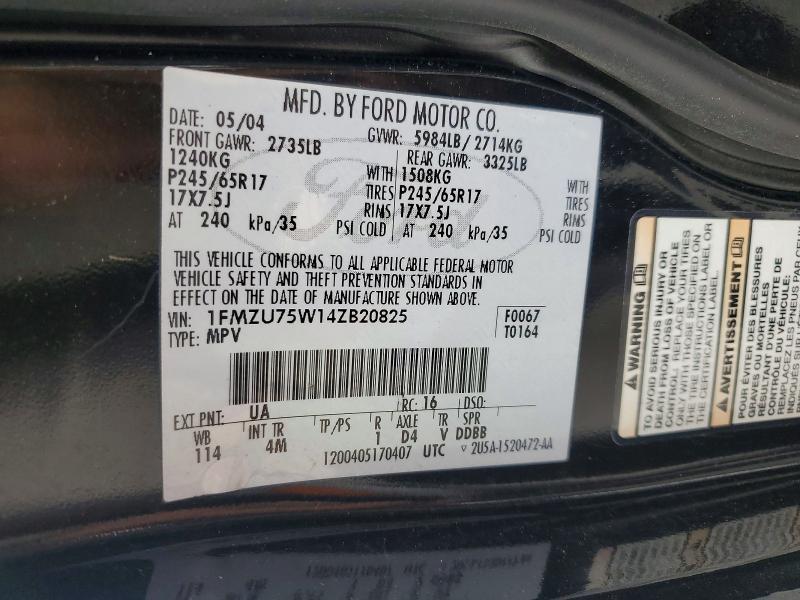 2004 Ford Explorer მანქანა იყიდება აუქციონზე, vin: 1FMZU75W14ZB20825, აუქციონის ნომერი: 58531756