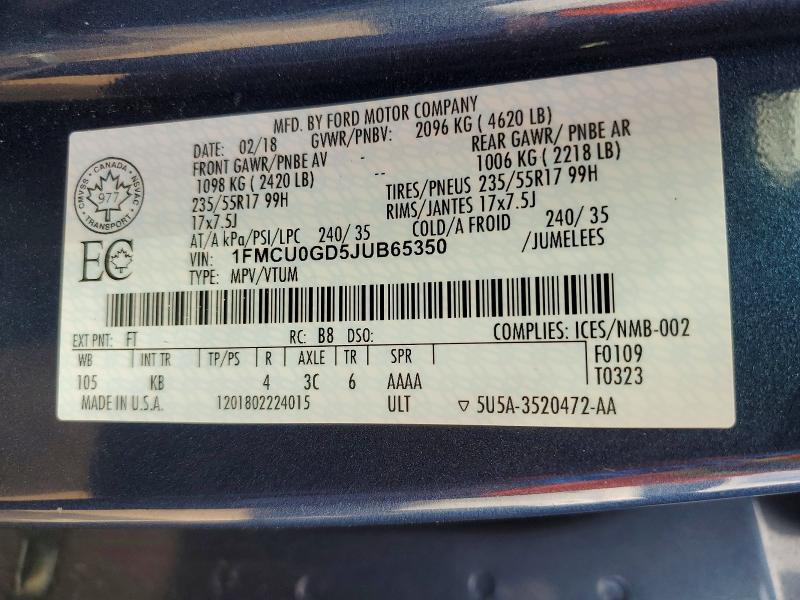 Продажа на аукционе авто 2018 Ford Escape, vin: 1FMCU0GD5JUB65350, номер лота: 58423286