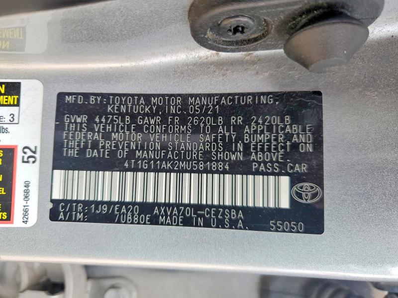 56887516 :رقم المزاد ، 4T1G11AK2MU581884 vin ، 2021 Toyota Camry مزاد بيع