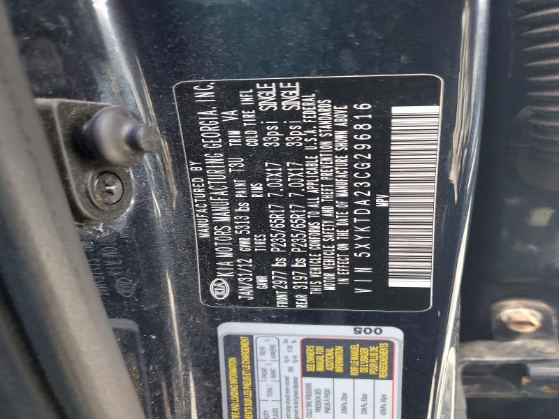 2012 Kia Sorento მანქანა იყიდება აუქციონზე, vin: 5XYKTDA23CG296816, აუქციონის ნომერი: 55938726