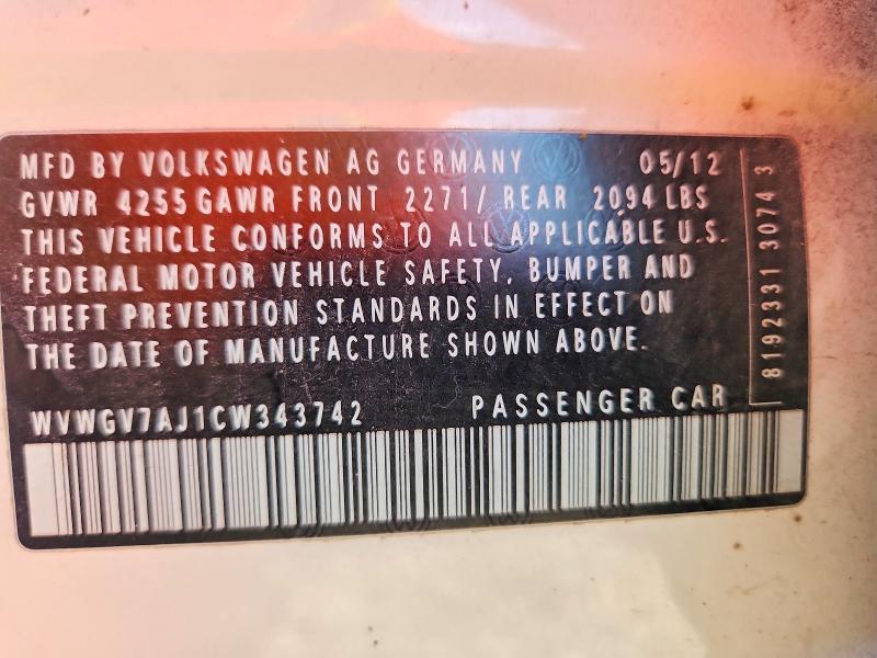Aukcja sprzedaży 2012 Volkswagen Gti, vin: WVWGV7AJ1CW343742, numer aukcji: 58184626