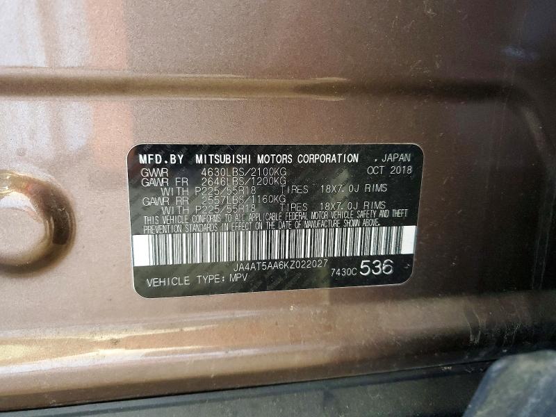 2019 Mitsubishi Eclipse Cross მანქანა იყიდება აუქციონზე, vin: JA4AT5AA6KZ022027, აუქციონის ნომერი: 56081186