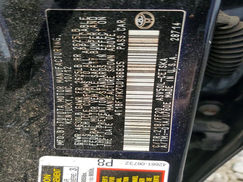 Продажа на аукционе авто 2012 Toyota Camry, vin: 4T1BF1FK7CU186635, номер лота: 57388876