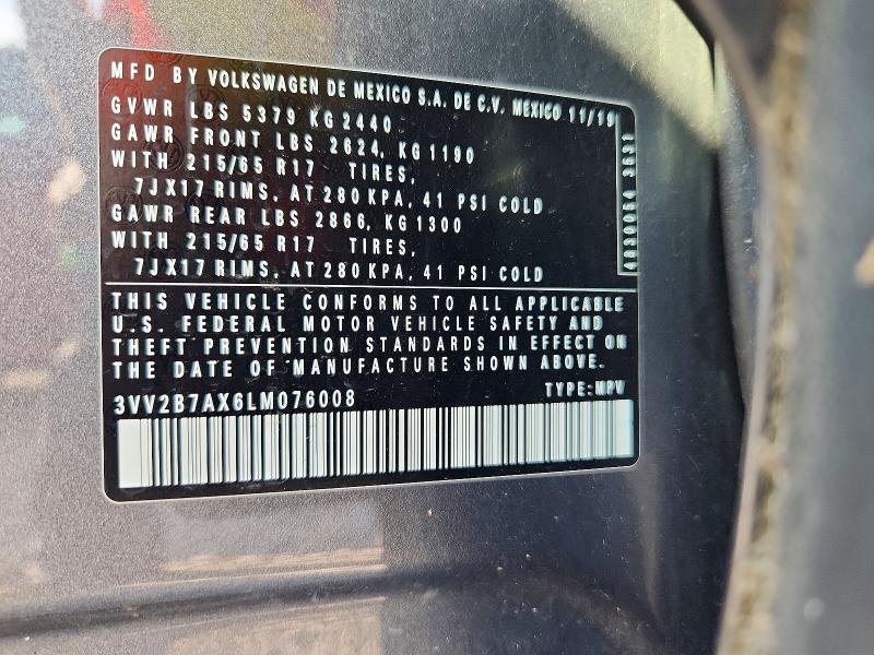 58555426 :رقم المزاد ، 3VV2B7AX6LM076008 vin ، 2020 Volkswagen Tiguan مزاد بيع