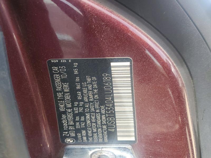 56467806 :رقم المزاد ، 4USBT53404LU06189 vin ، 2004 Bmw Z4 مزاد بيع