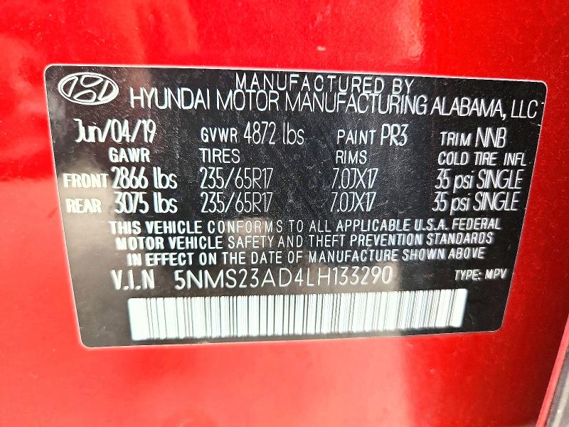 Aukcja sprzedaży 2020 Hyundai Santa Fe, vin: 5NMS23AD4LH133290, numer aukcji: 58633516