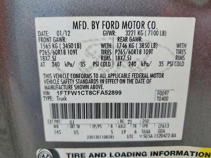Продажа на аукционе авто 2012 Ford F150, vin: 1FTFW1CT8CFA52899, номер лота: 56480956