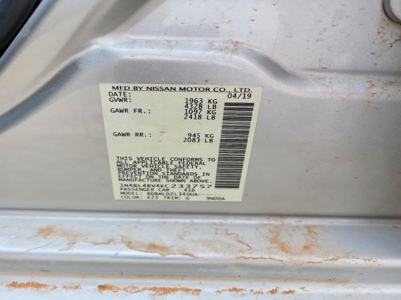 2019 Nissan Altima მანქანა იყიდება აუქციონზე, vin: 1N4BL4BV4KC233757, აუქციონის ნომერი: 56714956