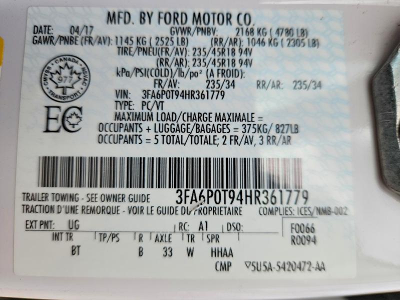 2017 Ford Fusion მანქანა იყიდება აუქციონზე, vin: 3FA6P0T94HR361779, აუქციონის ნომერი: 57136926