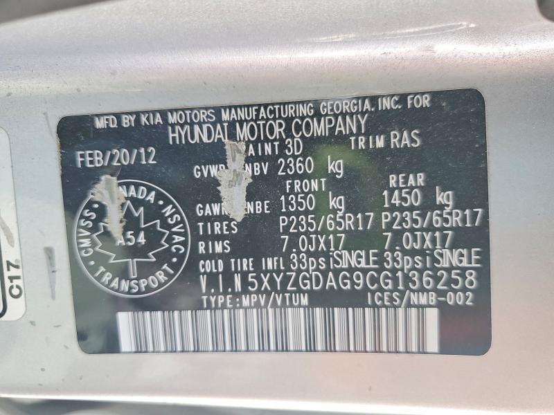 59117796 :رقم المزاد ، 5XYZGDAG9CG136258 vin ، 2012 Hyundai Santa Fe مزاد بيع