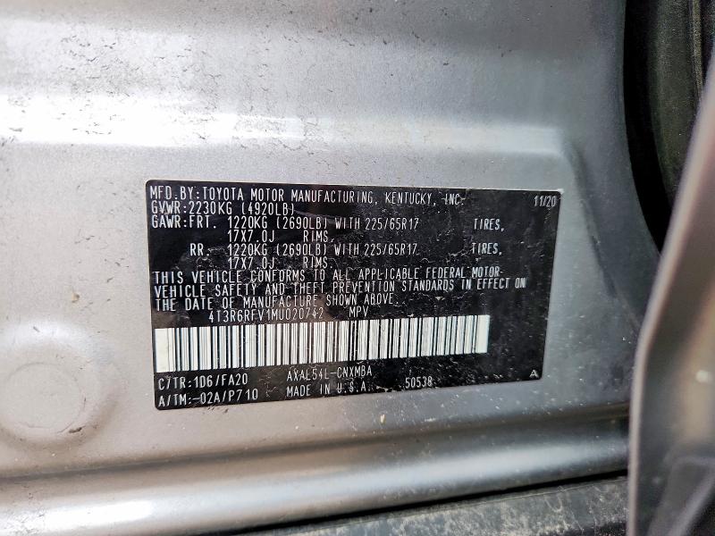 Aukcja sprzedaży 2021 Toyota Rav4 Hybrid, vin: 4T3R6RFV1MU020742, numer aukcji: 56194496