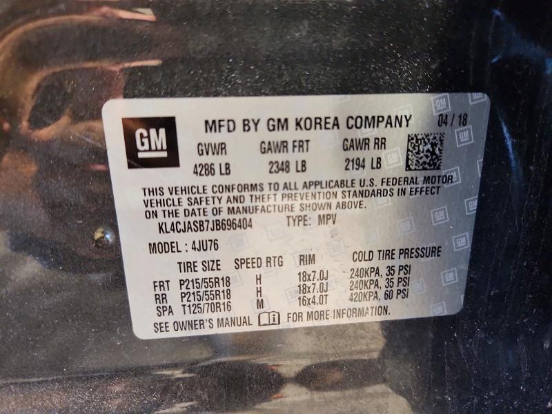 2018 Buick Encore მანქანა იყიდება აუქციონზე, vin: KL4CJASB7JB696404, აუქციონის ნომერი: 57722046