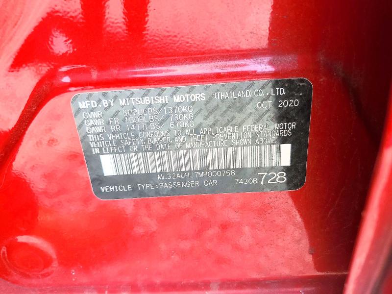 2021 Mitsubishi Mirage მანქანა იყიდება აუქციონზე, vin: ML32AUHJ7MH000758, აუქციონის ნომერი: 58957106