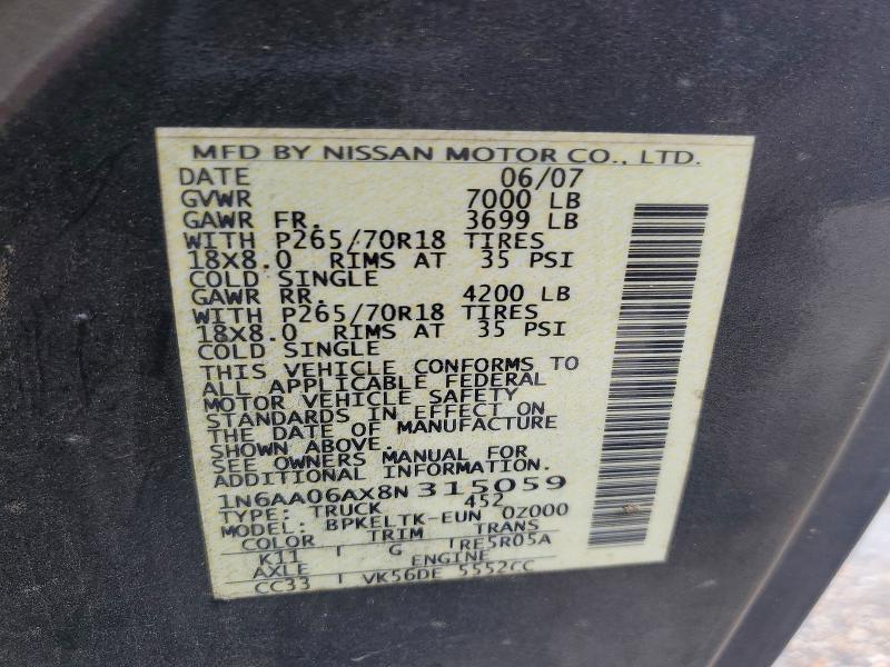 Продажа на аукционе авто 2008 Nissan Titan, vin: 1N6AA06AX8N315059, номер лота: 58215426