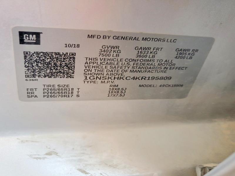2019 Chevrolet Suburban მანქანა იყიდება აუქციონზე, vin: 1GNSKHKC4KR195809, აუქციონის ნომერი: 58432936