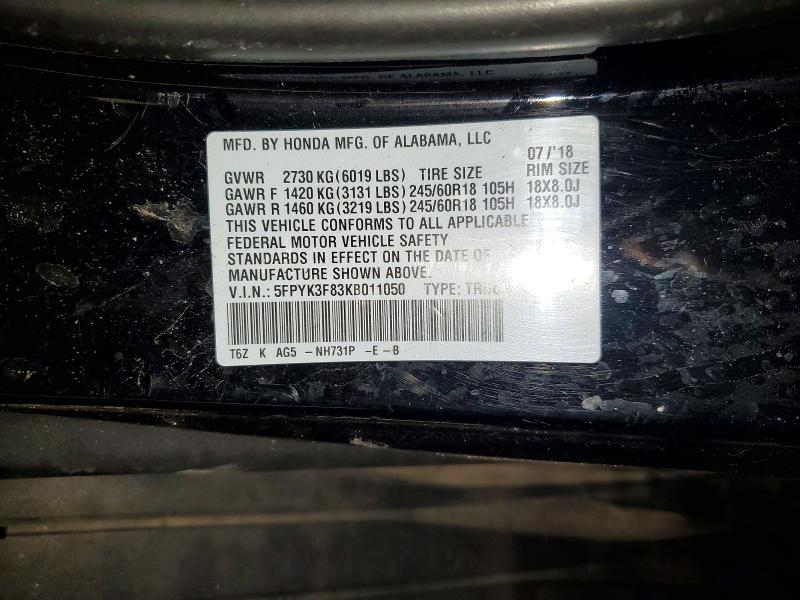 2019 Honda Ridgeline მანქანა იყიდება აუქციონზე, vin: 5FPYK3F83KB011050, აუქციონის ნომერი: 58472836