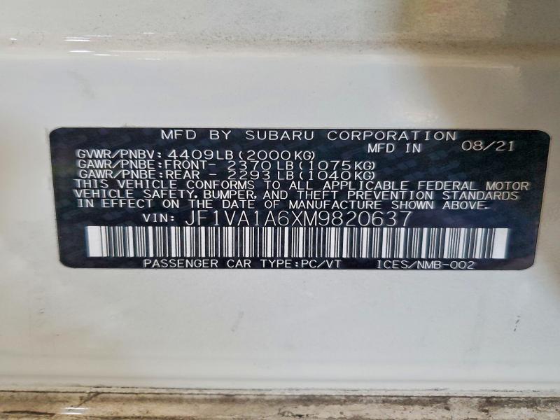 58238076 :رقم المزاد ، JF1VA1A6XM9820637 vin ، 2021 Subaru Wrx مزاد بيع