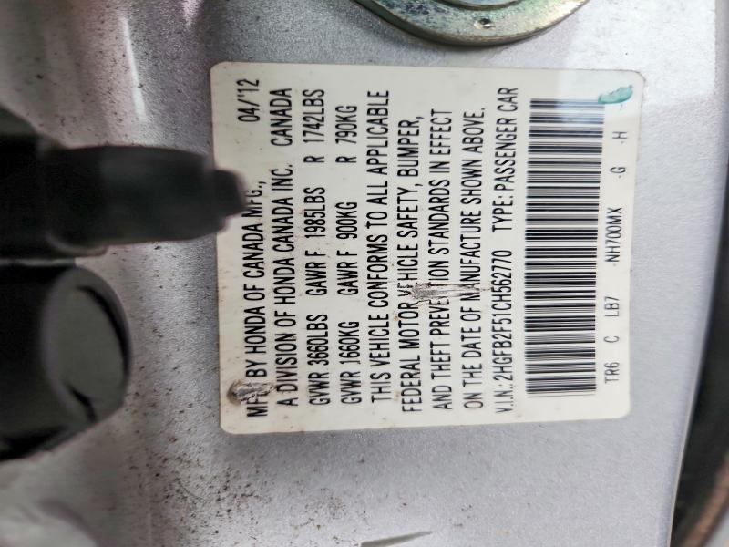 57628536 :رقم المزاد ، 2HGFB2F51CH562770 vin ، 2012 Honda Civic مزاد بيع