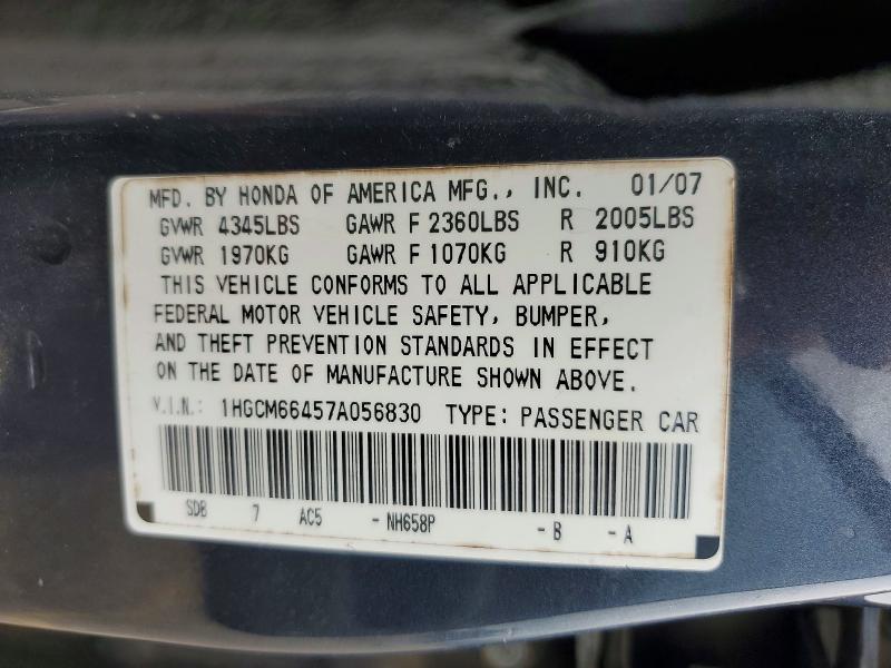 2007 Honda Accord მანქანა იყიდება აუქციონზე, vin: 1HGCM66457A056830, აუქციონის ნომერი: 55201676