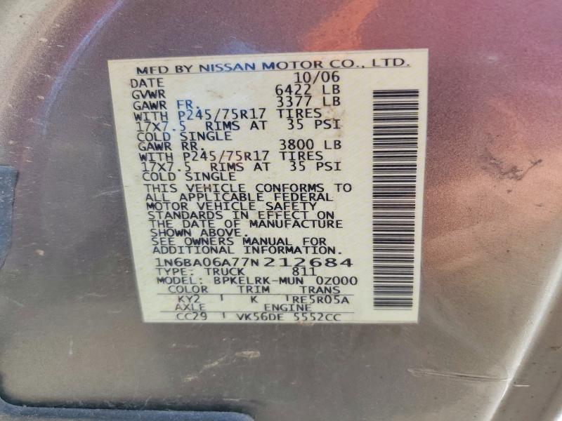 Aukcja sprzedaży 2007 Nissan Titan, vin: 1N6BA06A77N212684, numer aukcji: 55913816