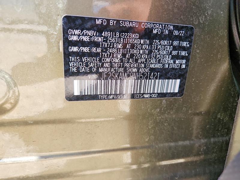 Продаж на аукціоні авто 2022 Subaru Forester, vin: JF2SKAMC9NH521421, номер лоту: 57173366