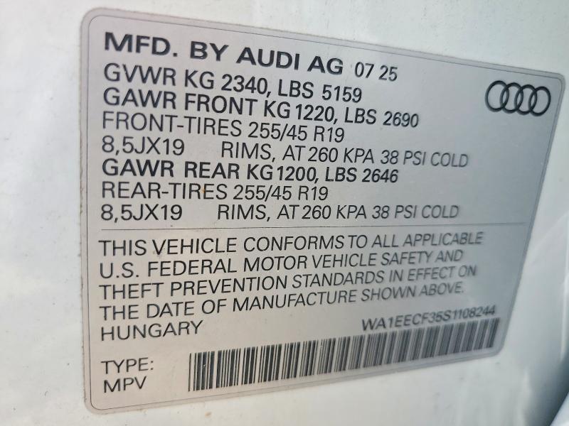 Aukcja sprzedaży 2025 Audi Q3, vin: WA1EECF35S1108244, numer aukcji: 58375186