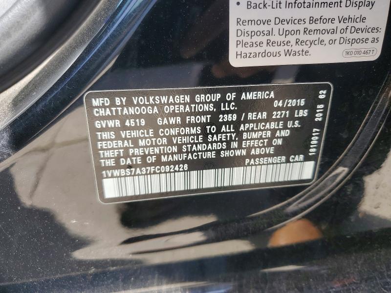 2015 Volkswagen Passat მანქანა იყიდება აუქციონზე, vin: 1VWBS7A37FC092426, აუქციონის ნომერი: 58807856